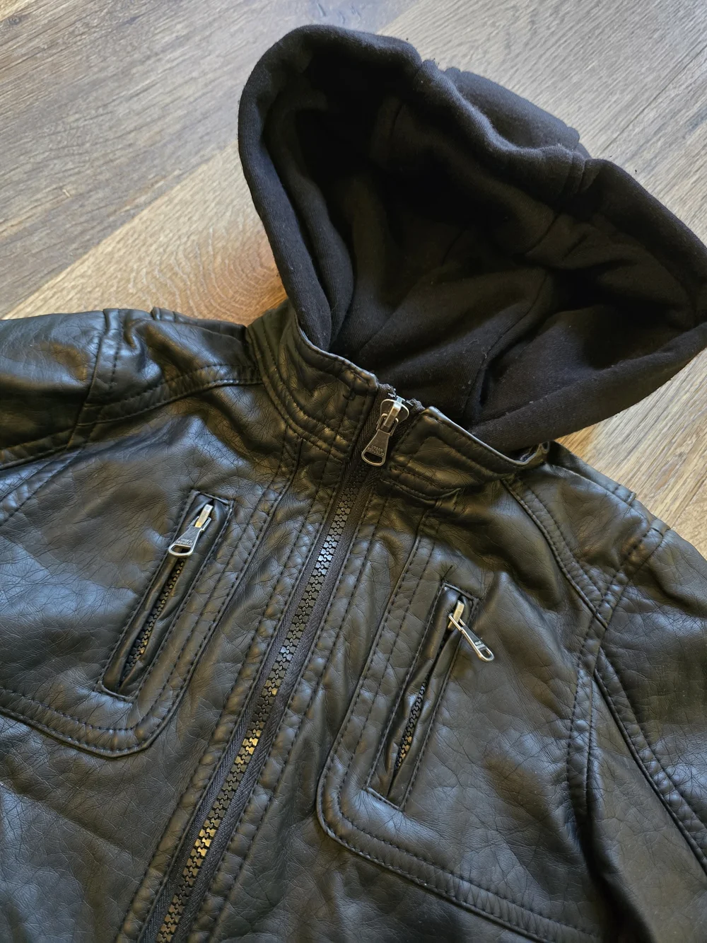 Urban Republic Black Faux Leather Hooded Jacket for Kids - Zipper Front